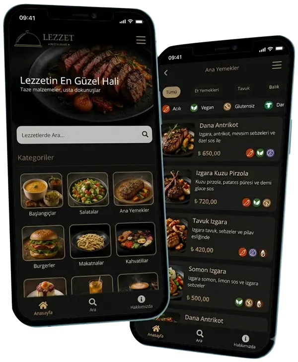 Telefon ekranında dijital QR menü örneği